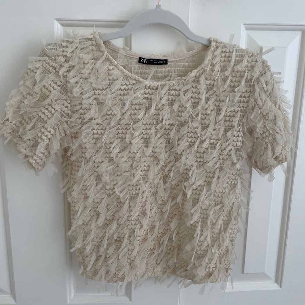 Zara cream mesh feathered top